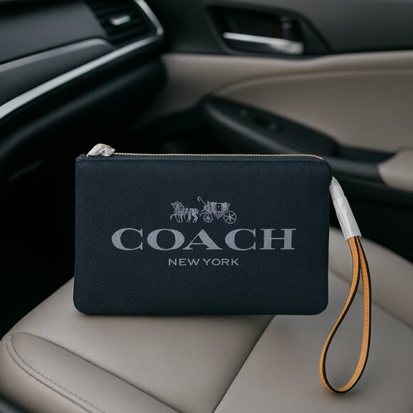 Coach Large Denim Woven Top-Corner Zip Wristlet with Leather Strap - Picture 1 of 1